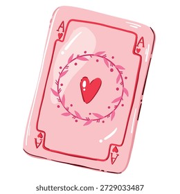 Cartão rosa com um Ás de Copas com uma coroa floral. Ilustração vetorial romântica para desenhos do Dia dos Namorados, temas de jogo, adesivos e cartões