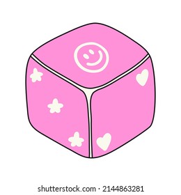 Pink playing dice in y2k stylization. Vector cute cube illustration. Dice with hearts, stars and smiling face.