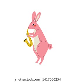 Pink Playing Saxophone, Cute Cartoon Animal Musician Character Playing Musical Instrument Vector Illustration