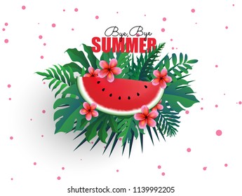 Pink Plumaria flower with sliced watermelon and tropical leaves on whit background, Summertime. Happy holidays. Invitation.