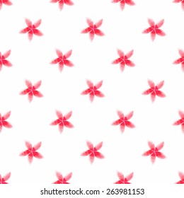 Pink plumeria. Watercolor seamless pattern with flowers on the white background, aquarelle. Vector illustration. Hand-drawn decorative element. Real watercolor painting