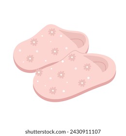 Pink plush house slippers. Cozy indoor slippers, soft flip flops, fluffy footwear cartoon vector illustration