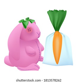 pink plush rabbit toy with carrot gift bag. hare with gift. saturated color vector illustration