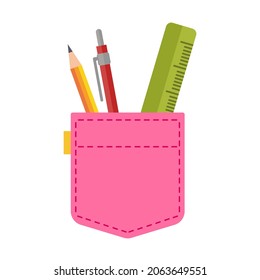 Pink pocket with pen and pencil. Vector illustration in cartoon children's style. Isolated funny clipart on a white background. Cute print