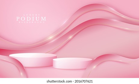 Pink podium with 3D paper cutting style backdrop and golden curve elements, Realistic luxury background concept, Empty space for placing text and products for promotion. vector illustration.