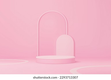 Pink podium with arch on background, product display round stand, vector base platform. Pink 3D podium with arch for cosmetic with studio light, pastel pink scene with round pedestal stage