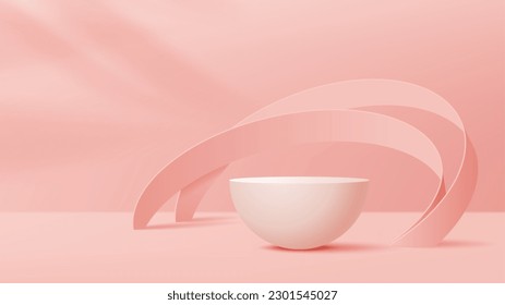 Podio rosado y arcos en el fondo de la pantalla del producto, plataforma vectorial paracaídas peatonal. Escaparate de productos cosméticos premium con arcos rosados 3D y luz en la pared, fondo de estudio de escaparate