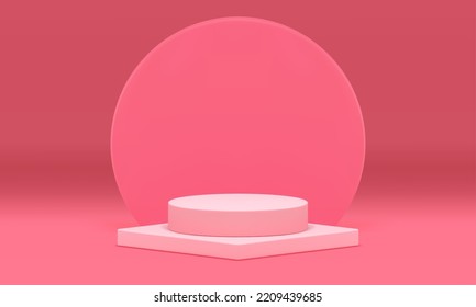 Pink podium arena cylinder rhombus decorative studio background 3d pedestal realistic vector illustration. Geometric base foundation minimalist showcase display stage rendering level stairs design