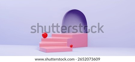 Pink podium with ascending stair steps on pastel purple background. Red glossy spheres on geometric display platform beneath curved arch doorway. Minimal scene for cosmetic or product presentation.