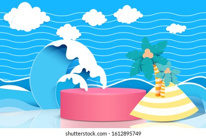 pink podium with the beach background