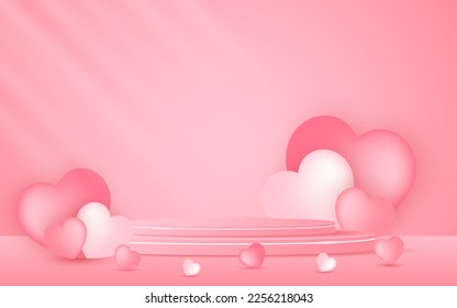 Pink podium with beautiful heart balloons around it. Valentine's day concept for product presentation. Display of cosmetic products. Stage or podium. vector illustration
