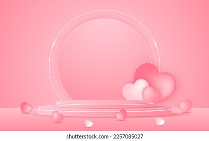 Pink podium with pink circle at the back and beautiful heart balloons around it, valentines day concept for product presentation. Display of cosmetic products. stage or podium. vector illustration
