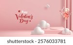 Pink podium, clouds, columns, playful cupid shooting arrows, 3D. Valentine