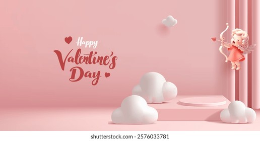 Pink podium, clouds, columns, playful cupid shooting arrows, 3D. Valentine's Day greetings. Promotional offer for goods, and gifts. Empty podium. Vector