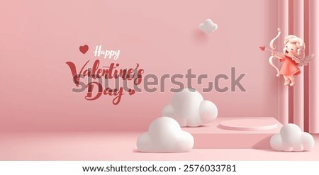 Pink podium, clouds, columns, playful cupid shooting arrows, 3D. Valentine's Day greetings. Promotional offer for goods, and gifts. Empty podium. Vector