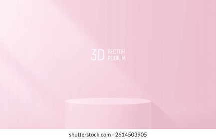 Pink podium in colored room with light overlay, showcase for beauty, skincare, fashion. Realistic stage with shadow and soft light, vector podium illustration for branding or product presentation.
