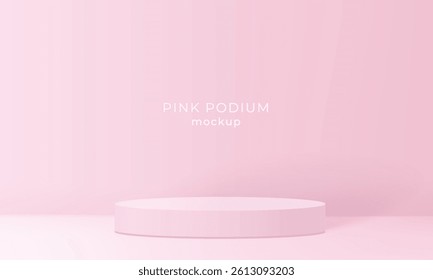 Pink podium in colored room, showcase for beauty, skincare, fashion. Realistic stage with shadow and soft light, vector illustration for branding or product presentation.