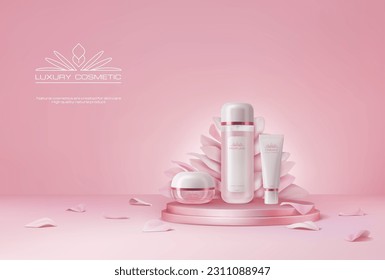 Podio rosa con cosméticos y pétalos de flores. Frasco crema vectorial realista, botella de tubo y loción parado en un podio redondo 3d o soporte de pantalla. Cosméticos de lujo, productos de belleza y cuidado de la piel y maquillaje