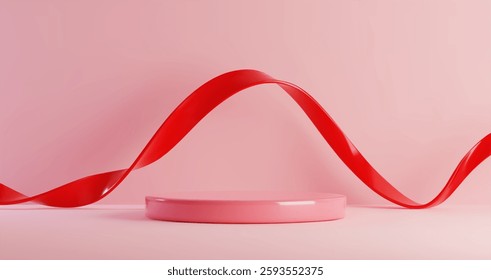 Pink podium with curved red ribbon on rosy background for product presentation, romantic display or Valentine day celebration. Minimalist composition of glossy platform and silky decorative element.