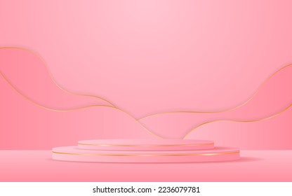 Pink podium with pink curves and elegant gold lines on the back for product presentation. Cosmetic product display. vector illustration	