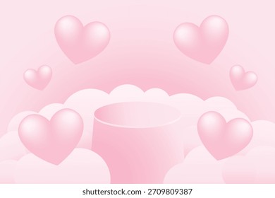 cilindro de pódio rosa e fundo de nuvem com elementos de forma do coração modelo de ilustração de vetor para apresentação banner cartaz comercial