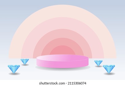pink podium, decorative empty pink spheres, light pink gradient semicircle backdrop and luxury diamond mockup, 3d vector illustration, product presentation, studio room, minimal wall backdrop.