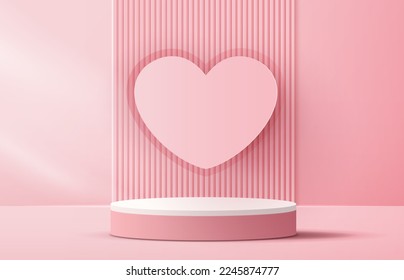 El podio rosado muestra productos de fondo para el día de San Valentín en la plataforma de amor. estár para mostrar cosméticos con estilo artesanal. símbolos de amor por la felicidad. diseño vectorial.