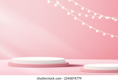 Pink podium display background products for valentine’s day in love platform. stand to show cosmetic with craft style. symbols of love for happy. vector design.