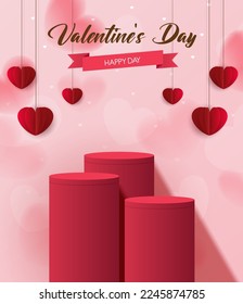 Pink podium display background products for valentine’s day in love platform. stand to show cosmetic with craft style. symbols of love for happy. vector design.