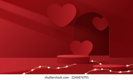 Rosa Podium mit Hintergrundprodukten für den Valentinstag in der Lieblingsplattform. stehen, um Kosmetik mit handwerklichem Stil zu zeigen. Symbole der Liebe zum Glück. Vektordesign.