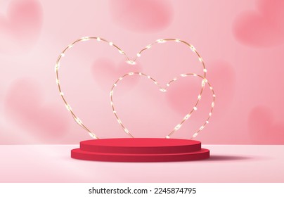 Pink podium display background products for valentine’s day in love platform. stand to show cosmetic with craft style. symbols of love for happy. vector design.