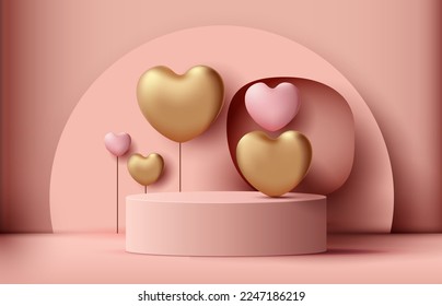 El podio rosado muestra productos de fondo para el día de San Valentín en la plataforma de amor. estár para mostrar cosméticos con estilo artesanal. símbolos de amor por la felicidad. diseño vectorial.