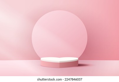 Pink podium display background products for valentine’s day in love platform. stand to show cosmetic with craft style. symbols of love for happy. vector design.