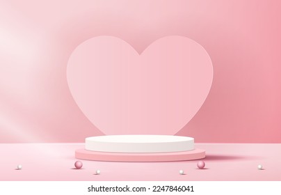 Pink podium display background products for valentine’s day in love platform. stand to show cosmetic with craft style. symbols of love for happy. vector design.