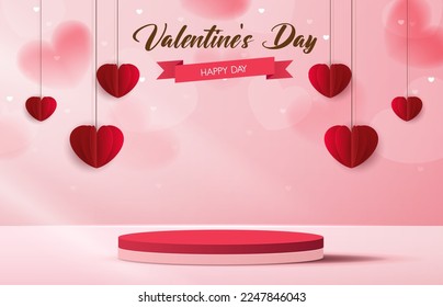 Pink podium display background products for valentine’s day in love platform. stand to show cosmetic with craft style. symbols of love for happy. vector design.