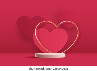 Pink podium display background products for valentine’s day in love platform. stand to show cosmetic with craft style. symbols of love for happy. vector design.