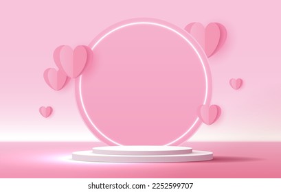 Pink podium display background products for valentine’s day in love platform. stand to show cosmetic with craft style. symbols of love for happy. vector design.