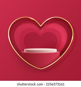 El podio rosado muestra productos de fondo para el día de San Valentín en la plataforma de amor. estár para mostrar cosméticos con estilo artesanal. símbolos de amor por la felicidad. diseño vectorial.