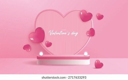 Produtos de fundo de exposição de pódio rosa para o dia dos namorados na plataforma do amor. stand para mostrar cosmética com estilo artesanal. símbolos de amor para feliz. design vetorial.