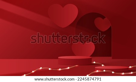 Pink podium display background products for valentine’s day in love platform. stand to show cosmetic with craft style. symbols of love for happy. vector design.