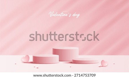 Pink podium display background products for valentine’s day in love platform. stand to show cosmetic with craft style. symbols of love for happy. vector design.