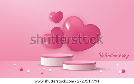 Pink podium display background products for valentine’s day in love platform. stand to show cosmetic with craft style. symbols of love for happy. vector design.
