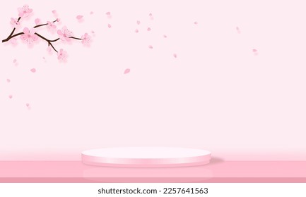 Pantalla de podio rosado con rama de cerezo Sakura y pétalos voladores sobre el vector de fondo pastel rosa. 