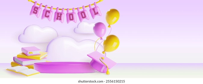 Pink podium with educational elements - books stack, graduation cap with tassel, floating balloons, white clouds and School text on party flags. Back to school promotions or graduation celebrations.