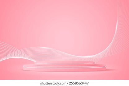 Pink podium with elegant white wave lines on the back for product presentation. Display of cosmetic products. Stage or podium. vector illustration.
