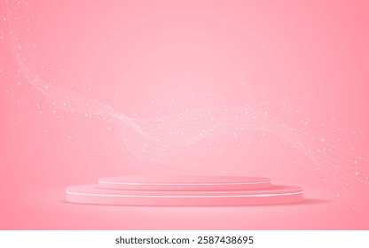 Pink podium with elegant white wave lines on the back for product presentation. Display of cosmetic products. Stage or podium. vector illustration.	