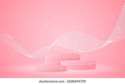 Pink podium with elegant white wave lines on the back for product presentation. Display of cosmetic products. Stage or podium. vector illustration	
