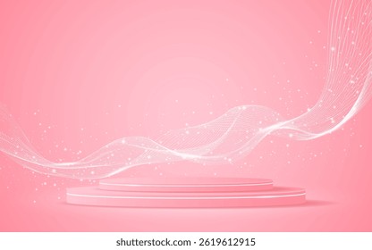 Pink podium with elegant white wave lines on the back for product presentation. Display of cosmetic products. Stage or podium. vector illustration.	
