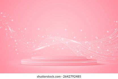 Pink podium with elegant white wave lines on the back for product presentation. Display of cosmetic products. Stage or podium. vector illustration.