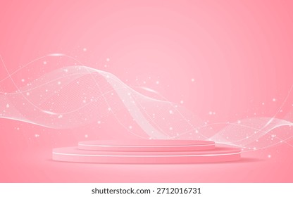 Pink podium with elegant white wave lines on the back for product presentation. Display of cosmetic products. Stage or podium. vector illustration.	